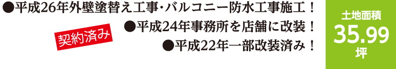 平成26年外壁塗り替え・バルコニー防水工事施工！平成24年事務所を店舗に改装！平成22年一部改装済み！35.99坪